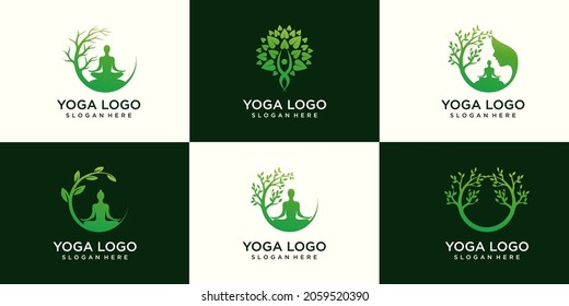 set of Yoga logo vector, a women meditation in Natural place.