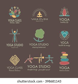 Set of yoga logos. Graphic design elements for yoga studio, fitness club or meditation class. Vector badges collection for spa center