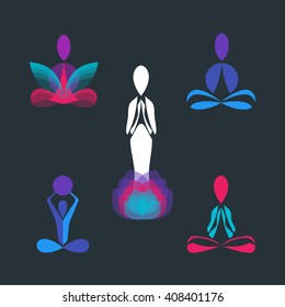 Set Of Yoga Lotus Pose Silhouettes. Collection Of Vector Logotype And Icon Design Templates For Yoga Studio Or Meditation Class. Health Care, Fitness, Beauty, Spa, Nirvana, Logo Design Elements.