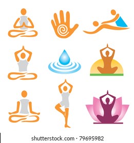 Conjunto de masajes de yoga e iconos de spa. Ilustración vectorial.