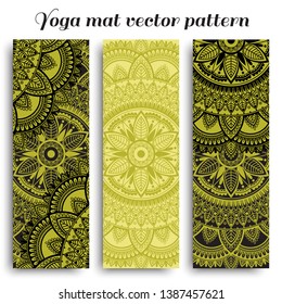 Set of yoga mats with ethnic designs. Green and black vector pattern with mandala.