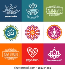 Set of yoga and meditation graphics and logo symbols