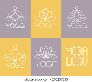 Set of yoga and meditation graphics and logo symbols. Lotus vector set for wellness, spa and yoga for pregnant women. Graphic design elements in outline style