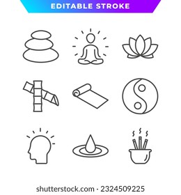 Set of Yoga and Meditation Outline Icon. Bamboo, Drip, Water Droplet, Yin Yang, Carpet, and More. Editable Stroke. Vector Eps 10