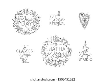 Set of yoga monograms with different lettering drawing in minimalism graphic style on white background