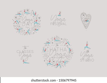 Set of yoga monograms with different lettering drawing with color in minimalism graphic style on light background