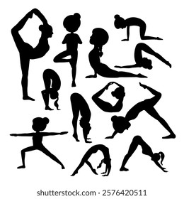 Set of Yoga Pose Silhouettes Vector Illustration. Collection of vector silhouettes of women performing different yoga poses. Each figure highlights a distinct posture.