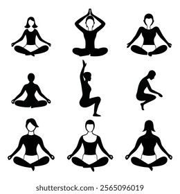 A Set Of Yoga Pose vector illustration, fitness, silhouette, exercise, health, set, yoga set