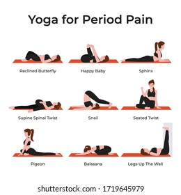 Set yoga poses or asana for period pain for female. Simple poses for beginners. Flat vector cartoon modern illustration. 