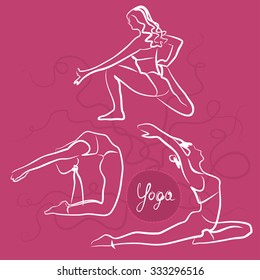Set Of Yoga Poses. Bright Pink Background
