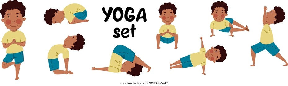 A set with yoga poses. The child is engaged in sports.