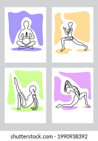 un conjunto de poses de yoga con un fondo de color y un estilo lineal