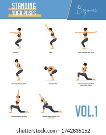 Set of yoga poses for concept balancing, standing poses in flat design style. Strong Woman exercising for body stretching. Yoga posture or asana for beginner infographic. Workout Vector Illustration