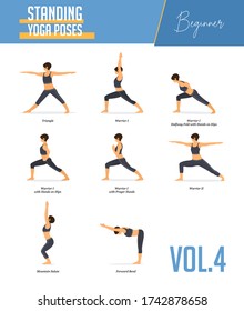 Set of yoga poses for concept balancing, standing poses in flat design style. Strong Woman exercising for body stretching. Yoga posture or asana for beginner infographic. Workout Vector Illustration