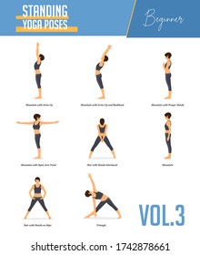 Conjunto de yoga para el equilibrio conceptual, posadas de pie en estilo de diseño plano. Mujer fuerte haciendo ejercicio para estirarse el cuerpo. Postura de yoga o asana para infografía principiante. Ilustración del vector de entrenamiento