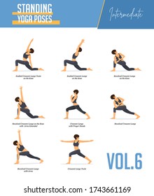Set of yoga poses for concept balancing, standing poses in flat design style. Strong Woman exercising for body stretching. Yoga posture or asana for beginner infographic. Workout Vector Illustration