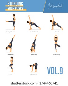 Set of yoga poses for concept balancing, standing poses in flat design style. Strong Woman exercising for body stretching. Yoga posture or asana for beginner infographic. Workout Vector Illustration