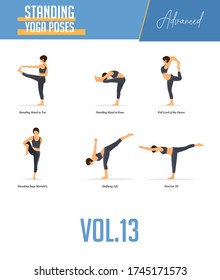 Set of yoga poses for concept balancing, standing poses in flat design style. Strong Woman exercising for body stretching. Yoga posture or asana for beginner infographic. Workout Vector Illustration