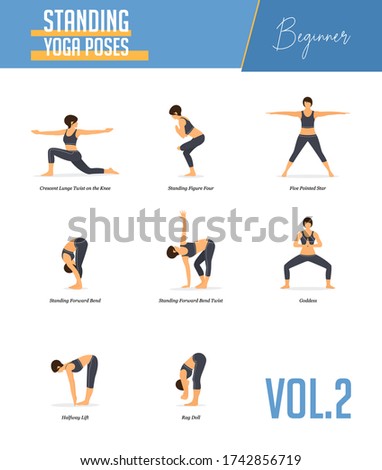 Set of yoga poses for concept balancing, standing poses in flat design style. Strong Woman exercising for body stretching. Yoga posture or asana for beginner infographic. Workout Vector Illustration