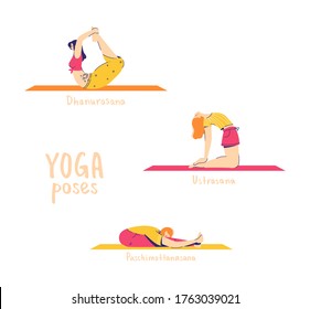 Set of yoga poses. Female characters practice yoga. Names of asanas. Seated forward bend, bow and camel pose. 16-18 of 30