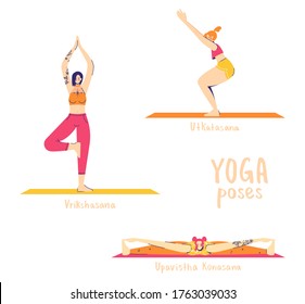 Set Of Yoga Poses. Female Characters Practice Yoga. Names Of Asanas. Wide-angle Seated, Tree And Chair Pose. 4-6 Of 30