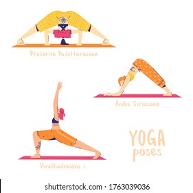 Set of yoga poses. Female characters practice yoga. Names of asanas. Wide legged forward bend, dolphin and high lounge pose. 22-24 of 30