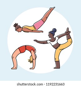 Set of yoga poses, flat design colorful vector illustration.