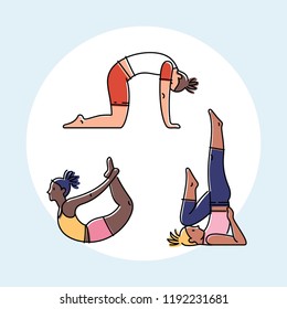 Set of yoga poses, flat design colorful vector illustration.