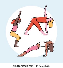 Set of yoga poses, flat design colorful vector illustration.