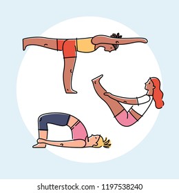 Set of yoga poses, flat design colorful vector illustration.