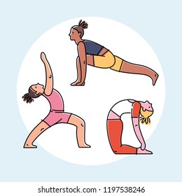 Set of yoga poses, flat design colorful vector illustration.