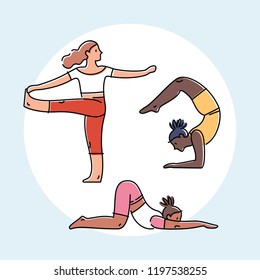 Set of yoga poses, flat design colorful vector illustration.