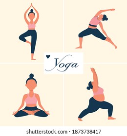 Set of yoga poses in flat design . Yoga infographics. Vector Illustration. set scenes of women practicing yoga.