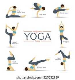 Set of yoga poses in flat design . Yoga infographics.  Vector Illustration.