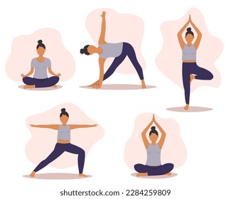 Juego de poses de yoga. La chica hace asanas, gimnasia. Actividad para la salud, flexibilidad, equilibrio. Gráficos vectoriales.