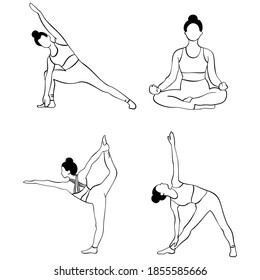 Set of yoga poses of girl in line drawing. Lotus pose, utthita trikonasana and other of poses 