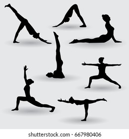 Set of Yoga Poses. A girl in pose of the dog face down, cobra pose, bending candle pose, the pose of the hero. Illustration vector