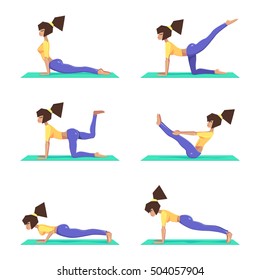 Set yoga poses, a girl practices yoga on a mat, fitness woman in pant, fitness exercise, workout - symbol, sign, icon, vector illustration