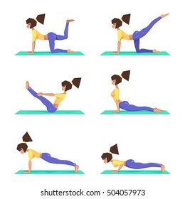 Set yoga poses, a girl practices yoga on a mat, fitness woman in pant, fitness exercise, workout - symbol, sign, icon, vector illustration