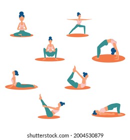 Set of yoga poses. Girl yogi on the mat. Movement sports healthy lifestyle. Girl avatar body.