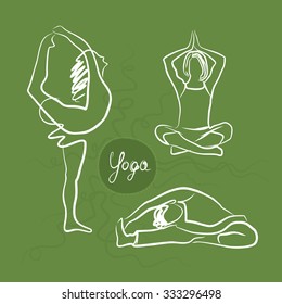 Set Of Yoga Poses. Green Background