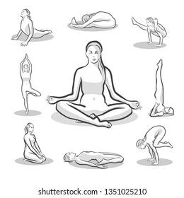 Set of Yoga Poses. Hand-drawn vector illustration, separated on white.