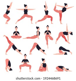 Juego de poses de yoga. Estilo de vida saludable. Caricatura femenina que muestra posiciones de yoga. Ilustración plana del vector aislada en fondo blanco