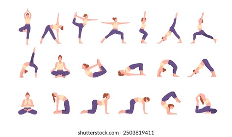 Set of yoga poses icons. Colorful signs with woman doing physical exercises from Pilates. Female figure in various yoga asanas. Flat vector illustration collection isolated on white background