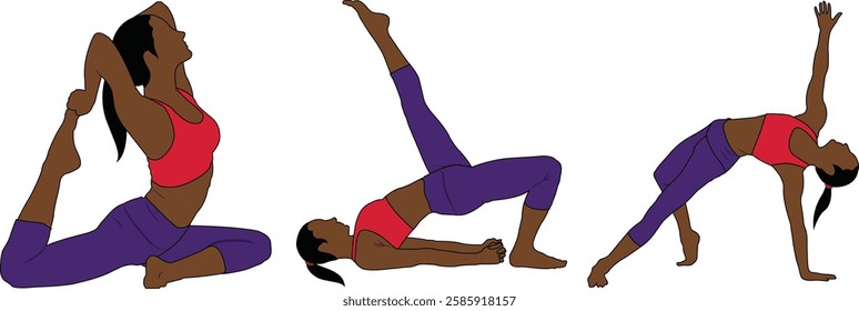 Set of yoga poses icons. Colorful signs with woman doing physical exercises from Pilates. Female figure in various yoga asanas. Flat vector illustration collection isolated on white background