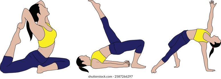 Set of yoga poses icons. Colorful signs with woman doing physical exercises from Pilates. Female figure in various yoga asanas. Flat vector illustration collection isolated on white background