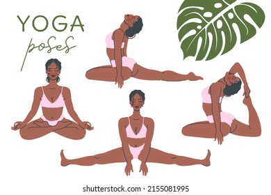 Set of  yoga poses isolated on white background. Young black girl in Yoga pose stretches. Meditation, breathing practice. Vector flat cartoon illustration for healthy lifestyle, sport, banner, poster