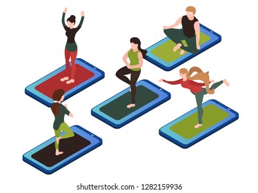 Set of yoga poses. Yoga lessons in mobile app. Online yoga group. People on smartphone on a white background. Isometric flat illustration
