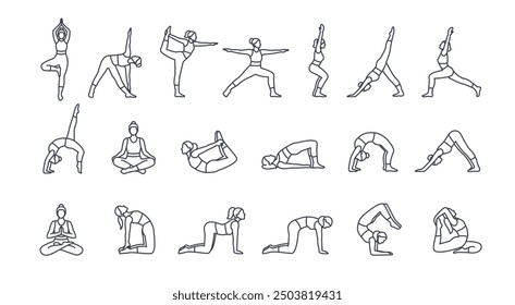 Conjunto de iconos de línea de posturas de yoga. Símbolos con figura femenina en diferentes poses de yoga o asanas. Fitness, deportes y Pilates. Colección de Ilustración vectorial de contorno aislado sobre fondo blanco