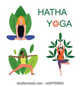 Set of Yoga Poses People. Characters with Yoga Exercise, Fitness and Workout with Different Poses. Flat Cartoon Vector Illustration in Colored Style.